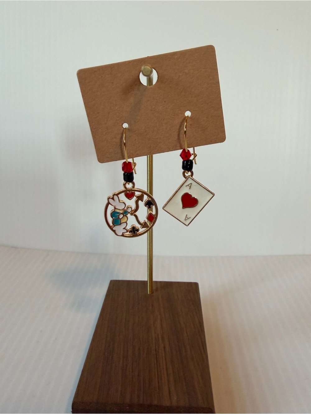 Gold Plated White Rabbit and Card Dangle Earrings